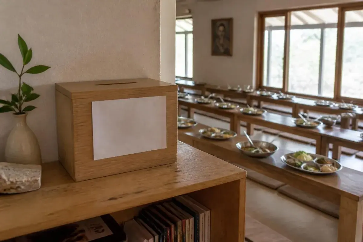 Is Goenka Vipassana free? A dana donation box and simple vegetarian meals at a meditation centre