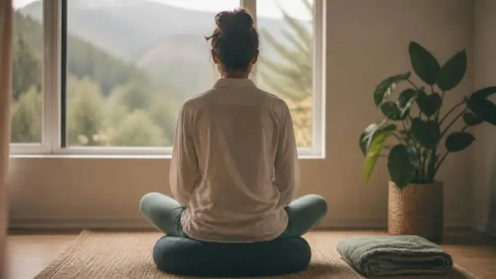 How to meditate for beginners: a person sitting on a cushion by a window at home, eyes closed