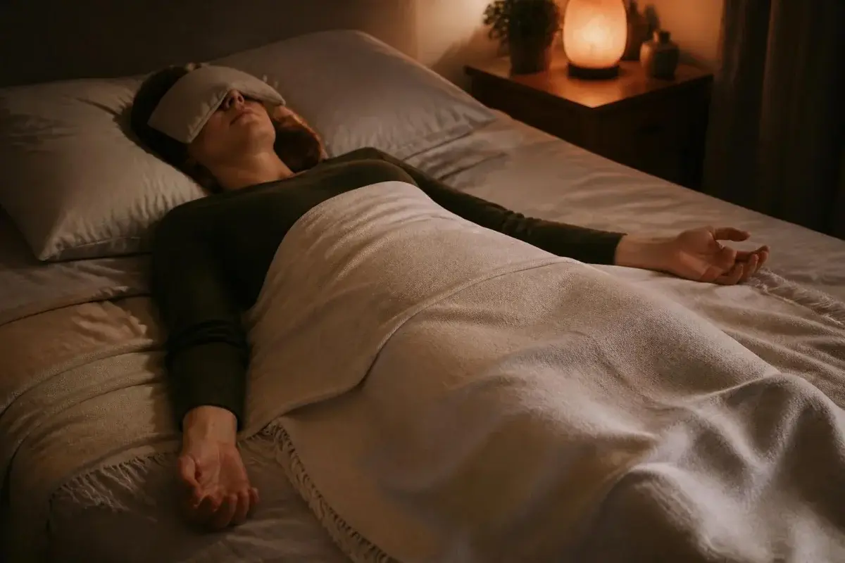 Yoga nidra for sleep: practising yogic sleep in bed at night with an eye pillow