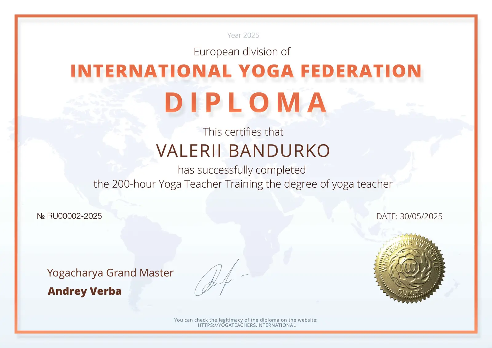 Valerii Bandurko International Yoga Federation 200-hour yoga teacher diploma