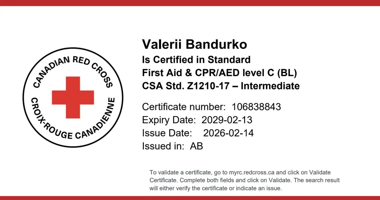 Valerii Bandurko Canadian Red Cross Standard First Aid and CPR/AED level C certificate