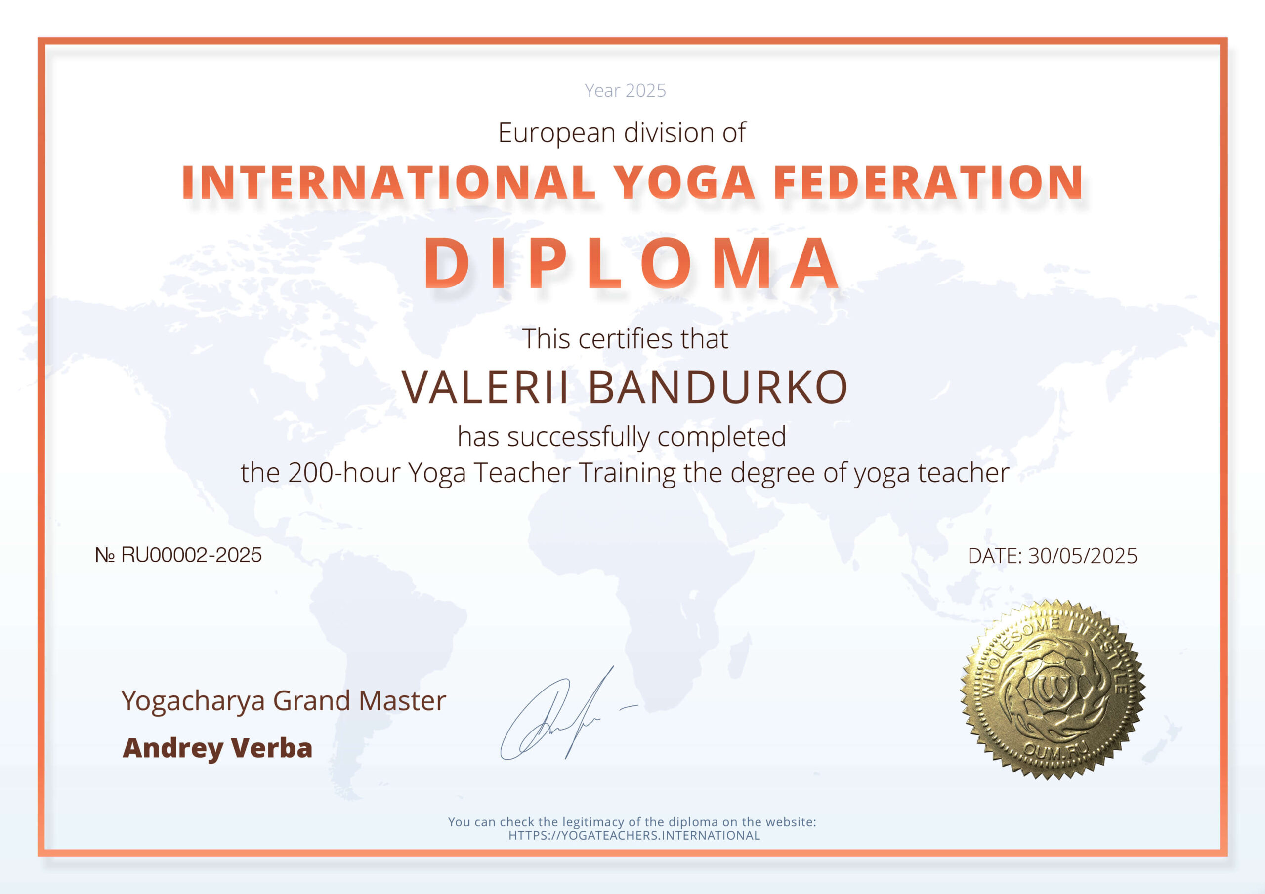 Valerii Bandurko Yoga Certificate