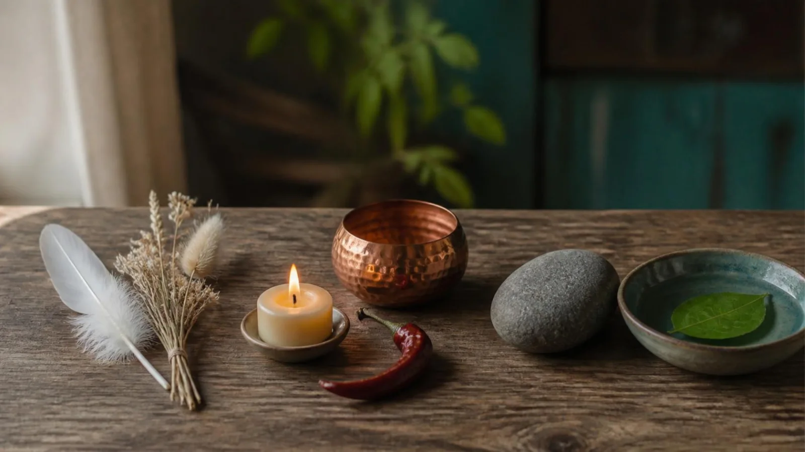 Ayurveda body types: objects representing the Vata, Pitta and Kapha doshas — air, fire and earth