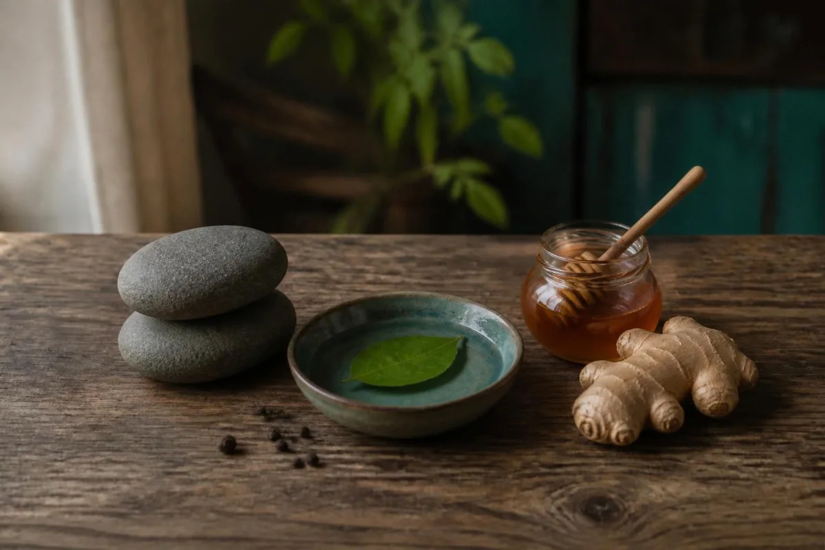Kapha dosha: stacked river stones, a bowl of water with a leaf, honey and ginger, representing earth and water