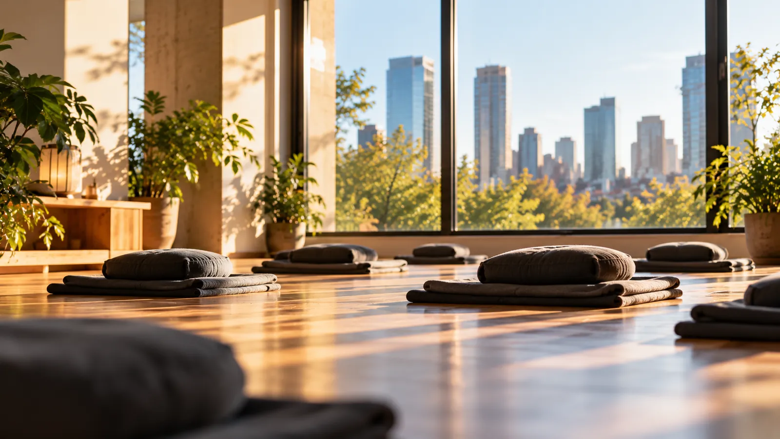 One-day Vipassana retreat: a quiet meditation room with cushions and mats in morning light, ready for a one day meditation retreat