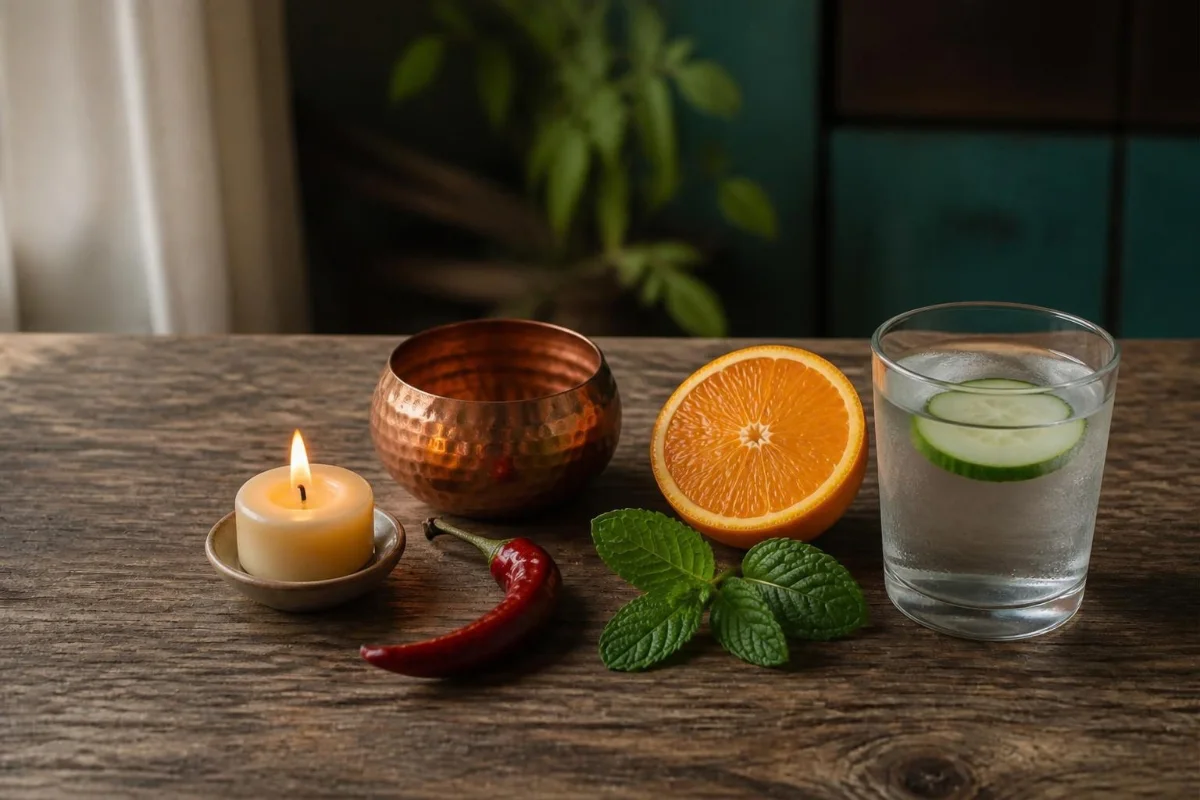 Pitta dosha: a candle, copper bowl, chilli and orange beside cool water with cucumber, representing fire and water