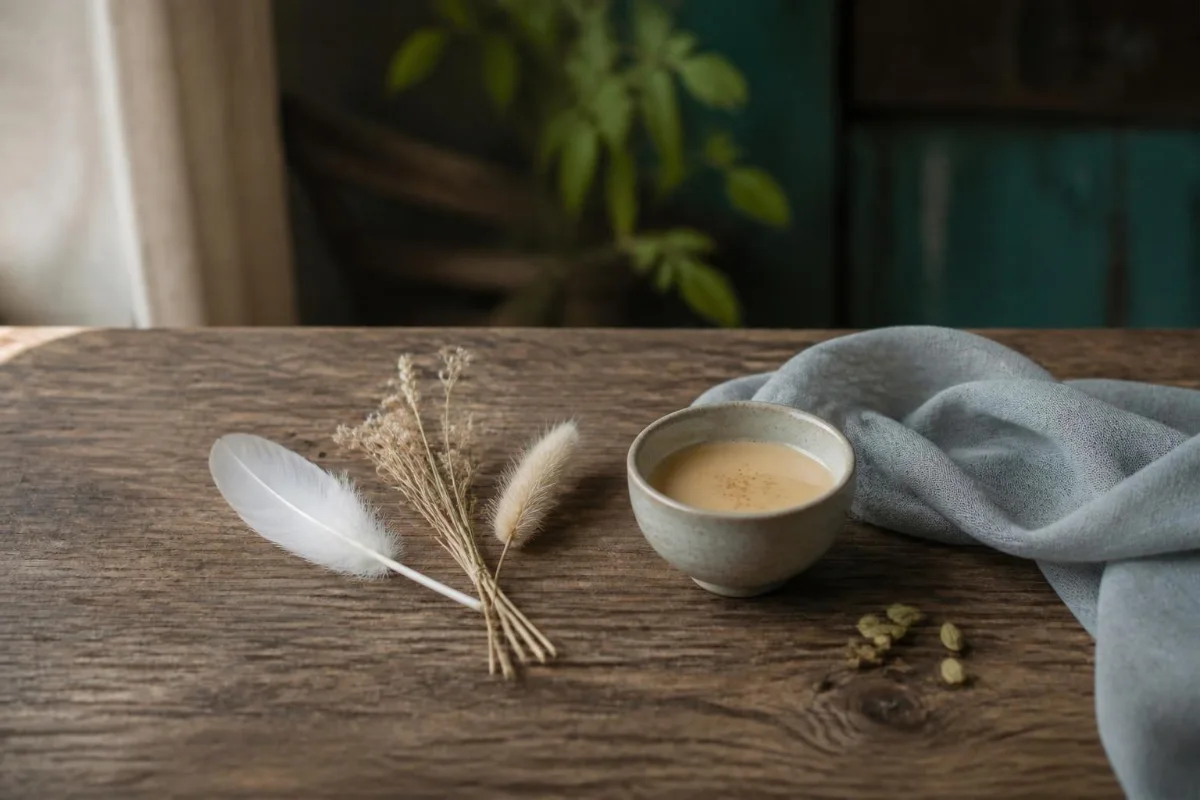Vata dosha: a feather, dried grasses, pale linen and warm spiced milk representing air and space