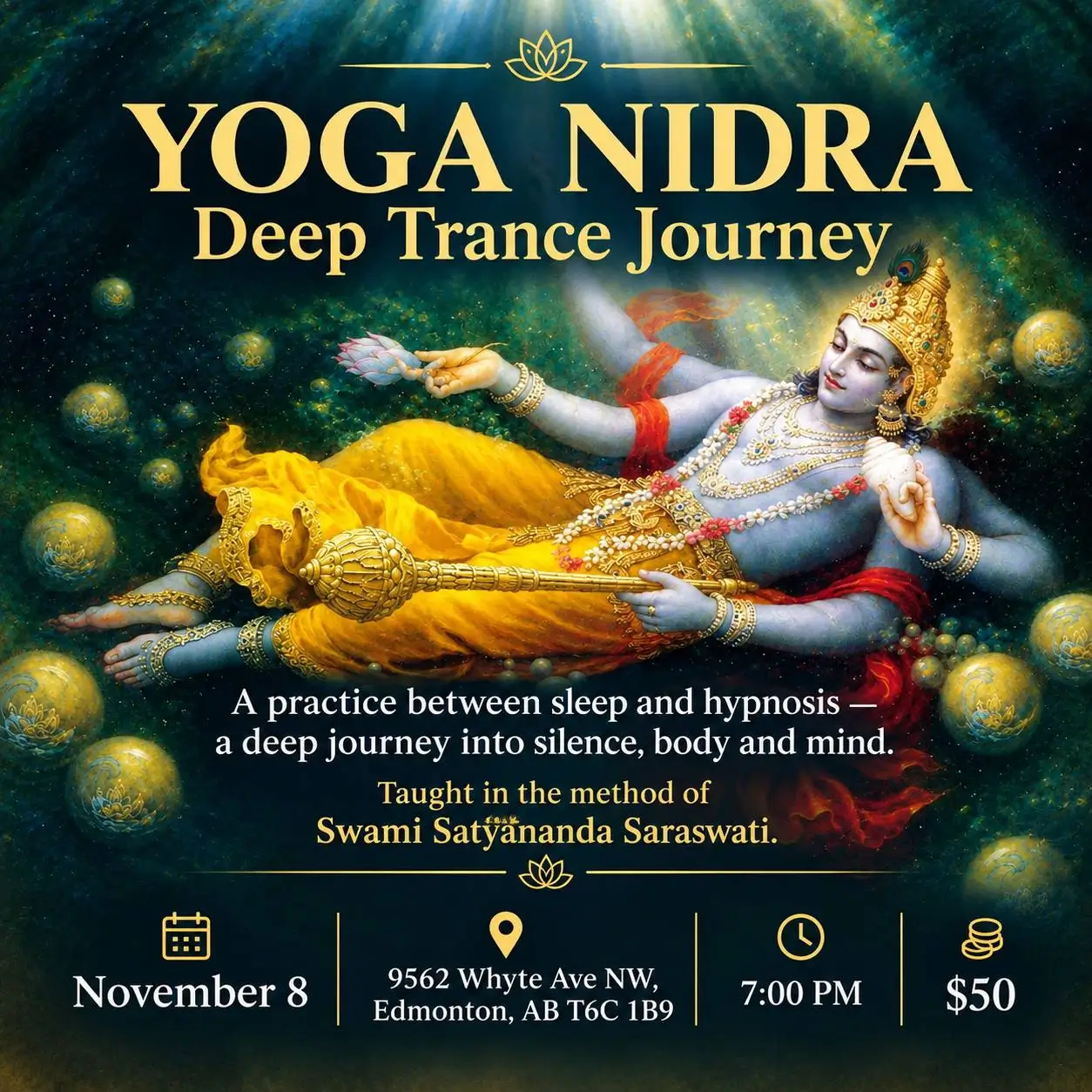 Yoga Nidra: Deep Trance Journey in Edmonton, November 8, 2026, 7:00 PM at 9562 Whyte Ave NW, $50